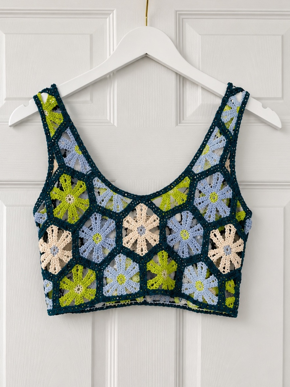 Zara Crochet Floral Hexagon Crop Top in Navy, Light Blue, Lime & Cream
